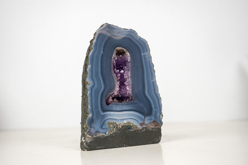 Blue Lace Agate Geode Slice with Banded Pattern and Amethyst Crystal - E2D Crystals & Minerals