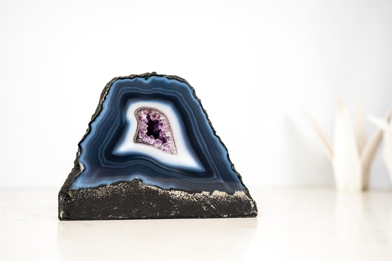 Natural Dark Blue & White Lace Agate Geode with Crystal Center - E2D Crystals & Minerals