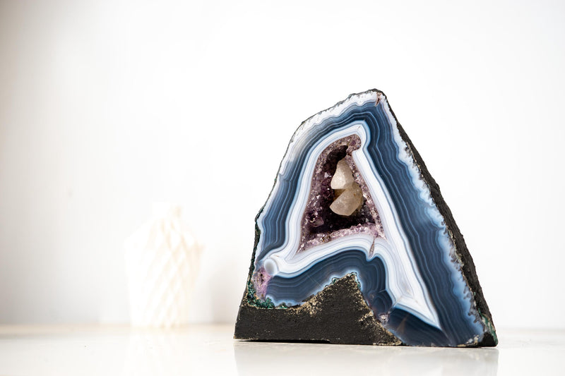 Natural Dark Blue and White Lace Agate Geode with Calcite Inclusion - E2D Crystals & Minerals