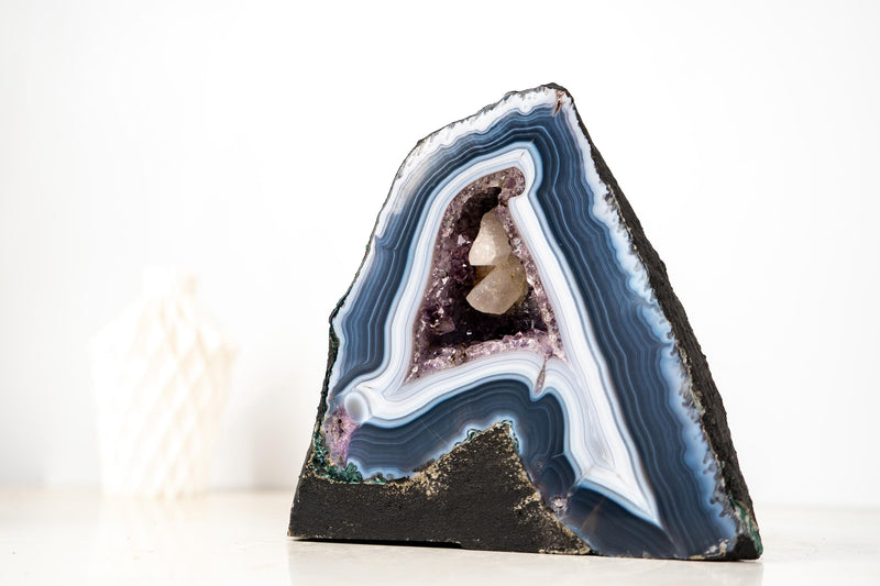 Natural Dark Blue and White Lace Agate Geode with Calcite Inclusion - E2D Crystals & Minerals