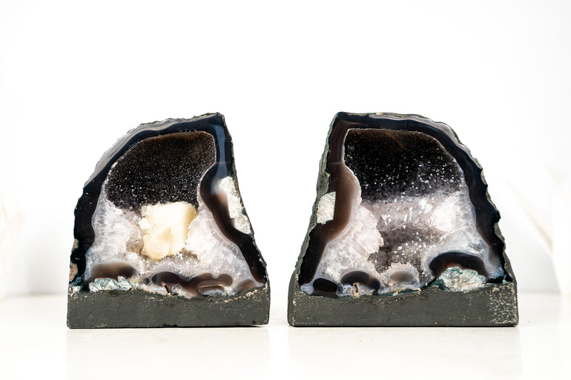 Pair of Agate Geodes with Rare Bi - Color Galaxy Druzy and Crown Form - E2D Crystals & Minerals