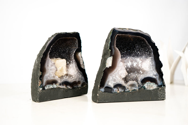 Pair of Agate Geodes with Rare Bi - Color Galaxy Druzy and Crown Form - E2D Crystals & Minerals