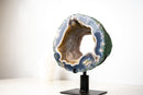 Landscape Agate Geode Portal – Blue Lace Agate with Galaxy Druzy and Cacoxenite Inclusions - E2D Crystals & Minerals
