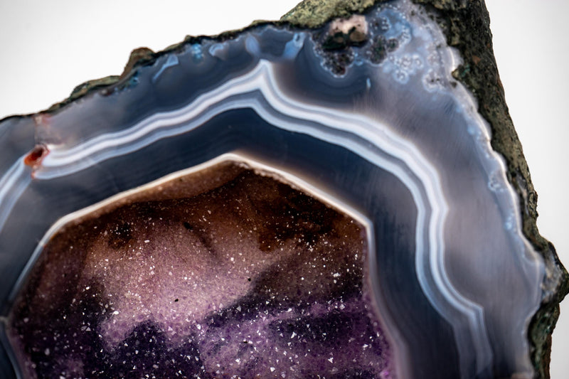 Rare Natural Blue & White Lace Agate Geode – Galaxy Amethyst Cave with Sparkling Violet Druzy - E2D Crystals & Minerals