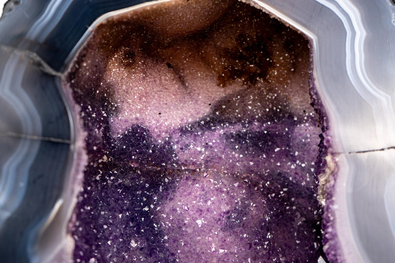 Rare Natural Blue & White Lace Agate Geode – Galaxy Amethyst Cave with Sparkling Violet Druzy - E2D Crystals & Minerals