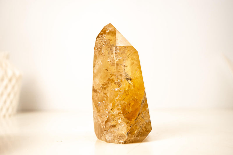 Golden Orange Citrine Obelisk with Rare Graphite Rutile Inclusions - E2D Crystals & Minerals