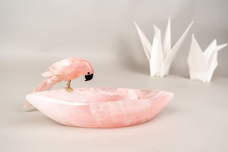 Hand - Carved Rose Quartz Crystal Parrots – Decorative Bowl & Key Tray - E2D Crystals & Minerals