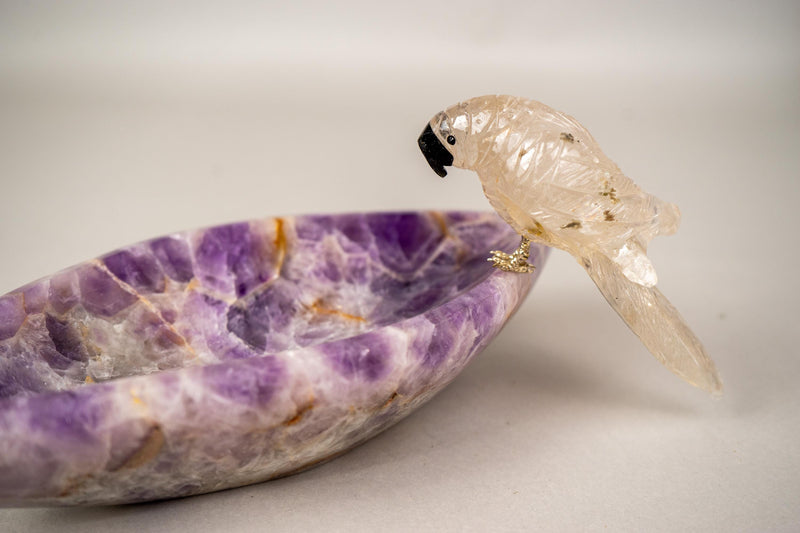 Hand - Carved Crystal Parrot on a Chevron Amethyst Crystal Bowl - E2D Crystals & Minerals