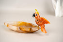 Hand - Carved Red Quartz Cockatoo on a Hematite Golden Healer Crystal Bowl - E2D Crystals & Minerals
