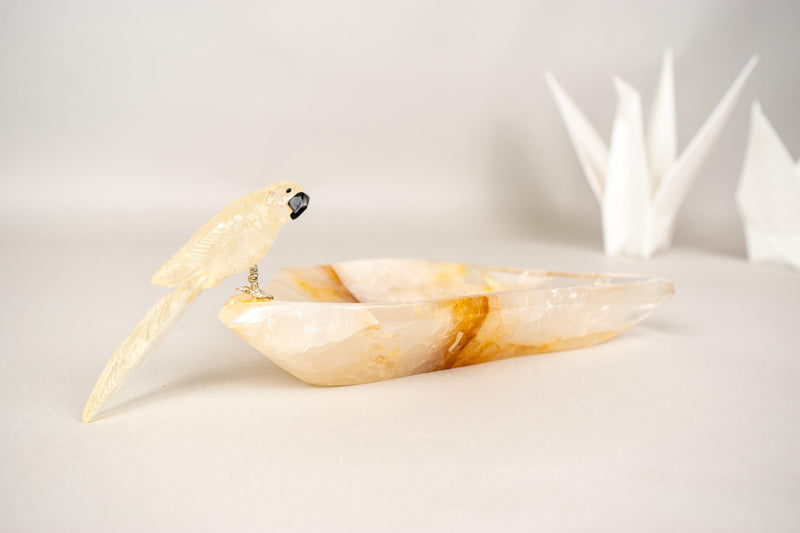 Hand - Carved Parrot Crystal on a Hematite Golden Healer Crystal Tray - E2D Crystals & Minerals