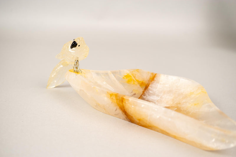 Hand - Carved Parrot Crystal on a Hematite Golden Healer Crystal Tray - E2D Crystals & Minerals
