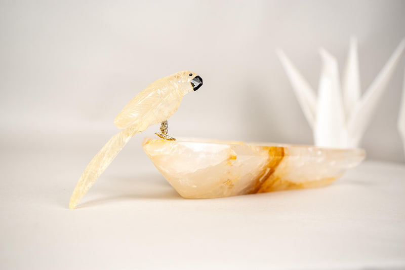 Hand - Carved Parrot Crystal on a Hematite Golden Healer Crystal Tray - E2D Crystals & Minerals