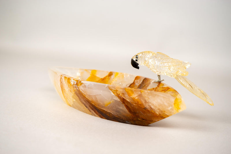 Hand - Carved Citrine Parrot on a Hematite Golden Healer Crystal Bowl - E2D Crystals & Minerals
