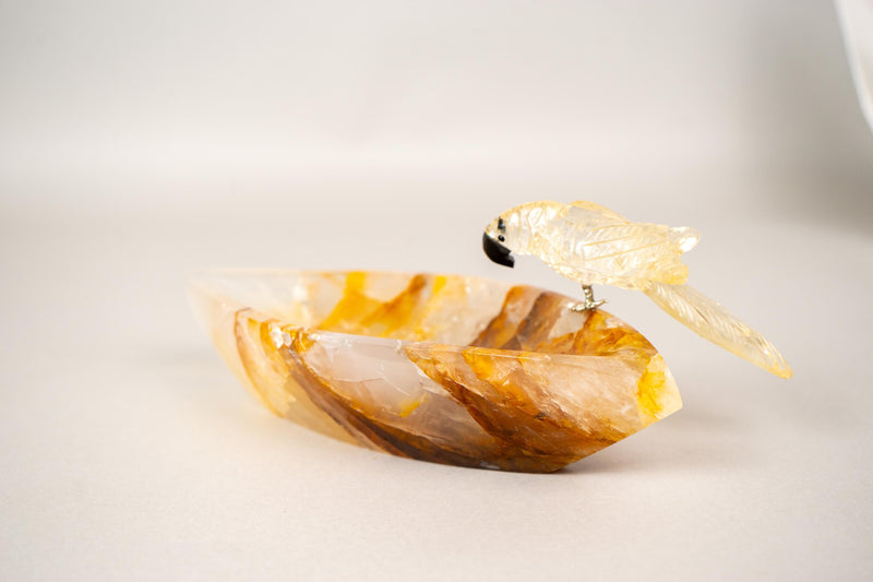 Hand - Carved Citrine Parrot on a Hematite Golden Healer Crystal Bowl - E2D Crystals & Minerals