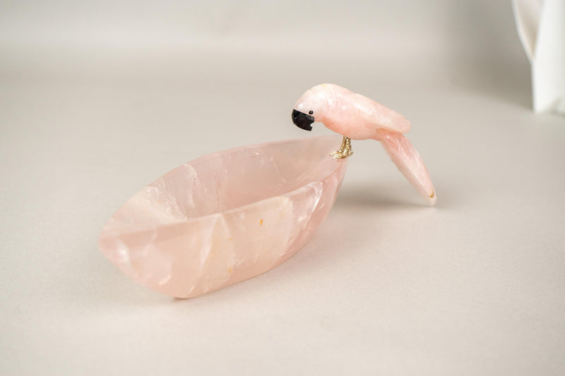 Delicate Hand - Carved Rose Quartz Crystal Parrots on Decorative Bowl - E2D Crystals & Minerals