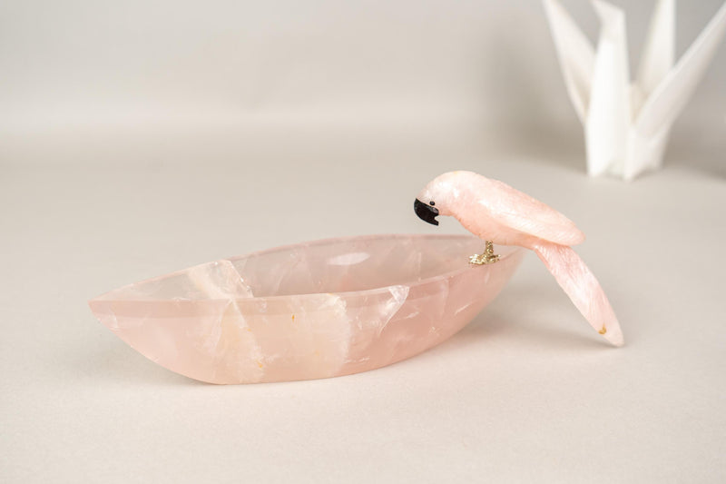 Delicate Hand - Carved Rose Quartz Crystal Parrots on Decorative Bowl - E2D Crystals & Minerals