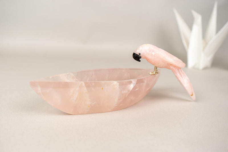 Delicate Hand - Carved Rose Quartz Crystal Parrots on Decorative Bowl - E2D Crystals & Minerals