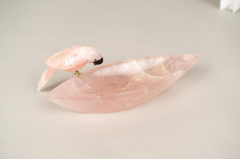 Delicate Hand - Carved Rose Quartz Crystal Parrots on Decorative Bowl - E2D Crystals & Minerals