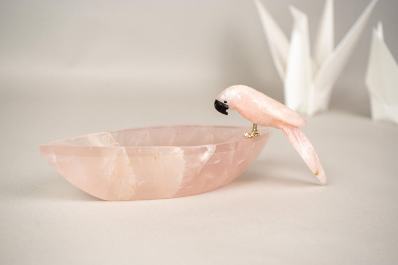 Delicate Hand - Carved Rose Quartz Crystal Parrots on Decorative Bowl - E2D Crystals & Minerals