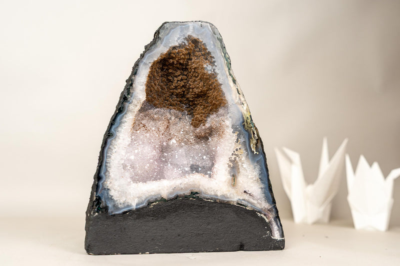 Collector’s Bi - Color Agate Geode with Sparkly Sugar Druzy and Rare White Amethyst - E2D Crystals & Minerals