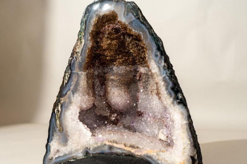 Collector’s Bi - Color Agate Geode with Sparkly Sugar Druzy & Rare White Amethyst - E2D Crystals & Minerals