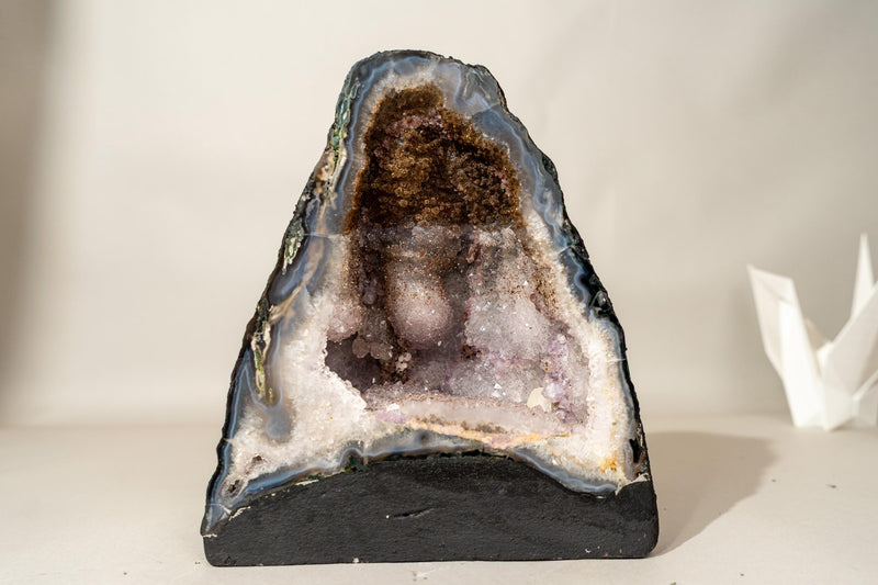 Collector’s Bi - Color Agate Geode with Sparkly Sugar Druzy & Rare White Amethyst - E2D Crystals & Minerals
