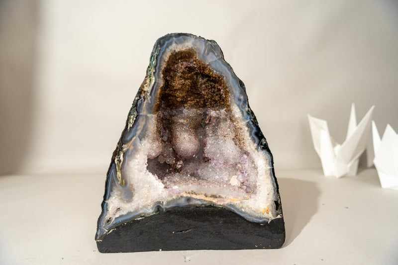 Collector’s Bi - Color Agate Geode with Sparkly Sugar Druzy & Rare White Amethyst - E2D Crystals & Minerals