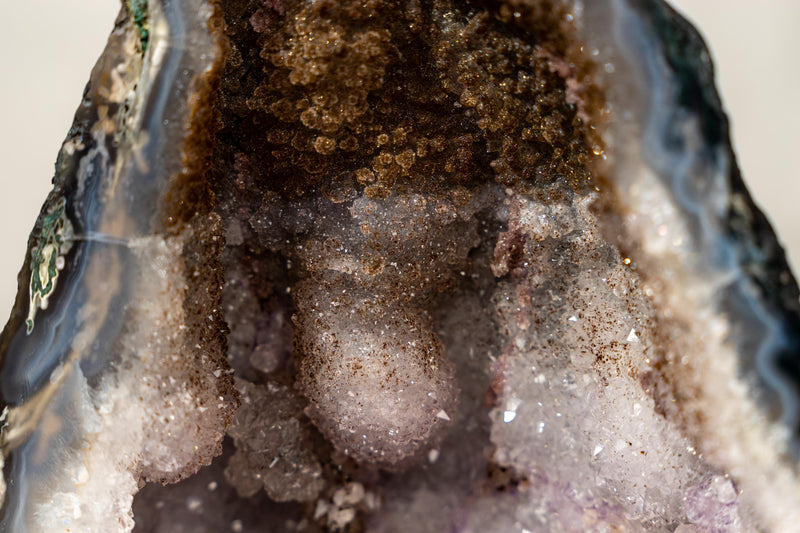 Collector’s Bi - Color Agate Geode with Sparkly Sugar Druzy & Rare White Amethyst - E2D Crystals & Minerals