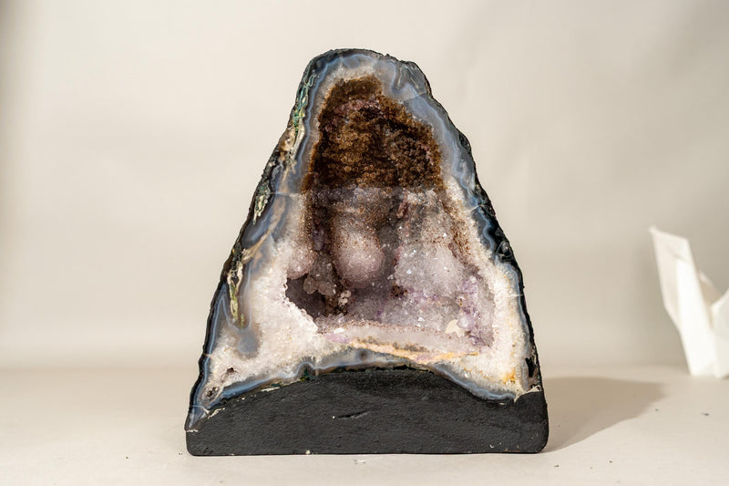 Collector’s Bi - Color Agate Geode with Sparkly Sugar Druzy & Rare White Amethyst - E2D Crystals & Minerals