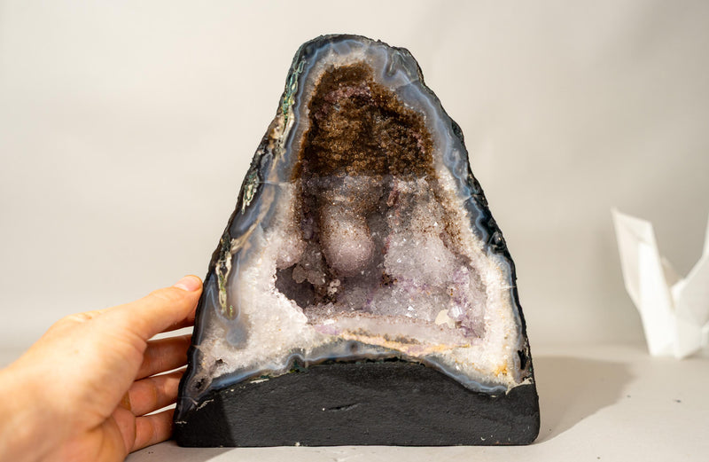 Collector’s Bi - Color Agate Geode with Sparkly Sugar Druzy & Rare White Amethyst - E2D Crystals & Minerals