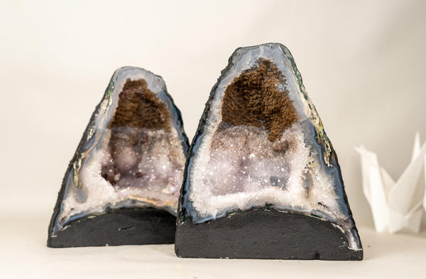 Pair of Rare Bi - Color Agate Geodes with Sparkly Sugar Druzy and White Amethyst - E2D Crystals & Minerals