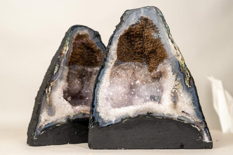 Pair of Rare Bi - Color Agate Geodes with Sparkly Sugar Druzy and White Amethyst - E2D Crystals & Minerals