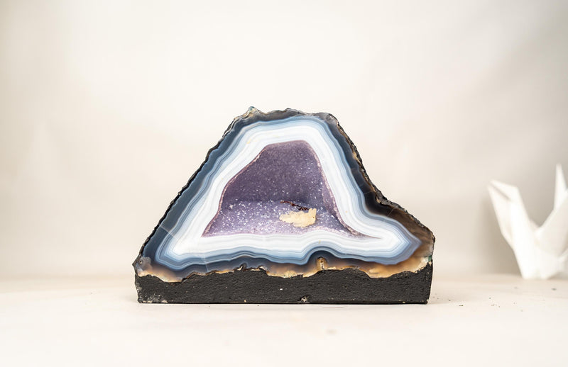 Rare Intact Blue & White Lace Agate Geode with Violet Druzy - E2D Crystals & Minerals