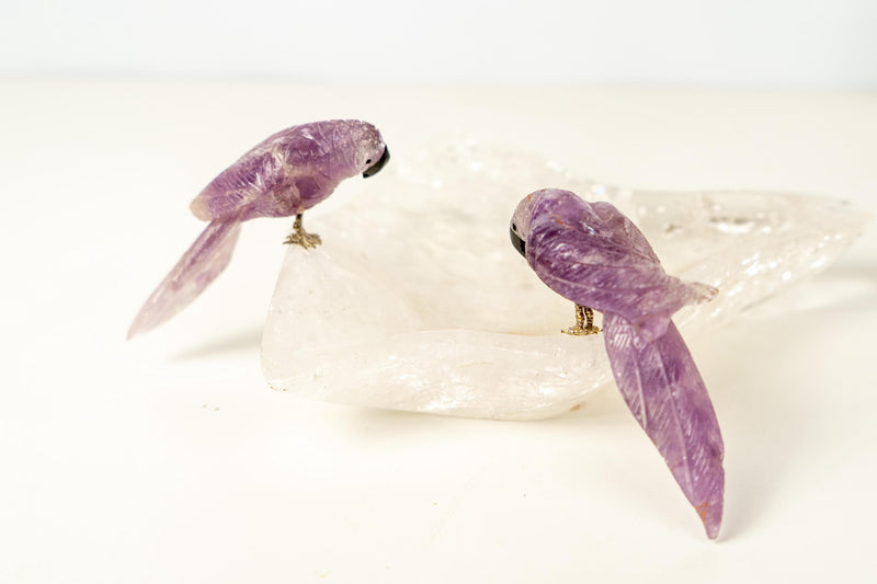 Couple of Amethyst Crystal Parrots on a Clear Quartz Bowl - E2D Crystals & Minerals
