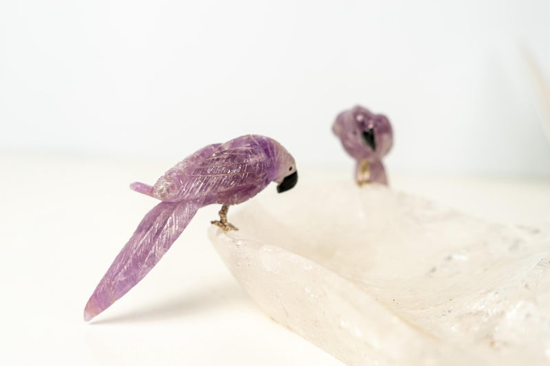 Couple of Amethyst Crystal Parrots on a Clear Quartz Bowl - E2D Crystals & Minerals
