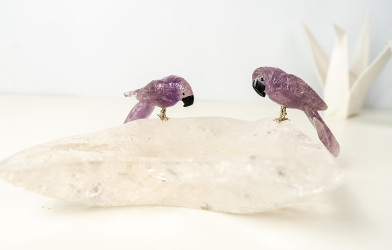 Couple of Amethyst Crystal Parrots on a Clear Quartz Bowl - E2D Crystals & Minerals