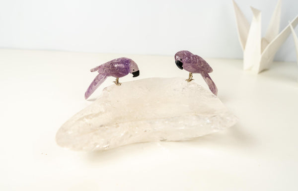 Couple of Amethyst Crystal Parrots on a Clear Quartz Bowl - E2D Crystals & Minerals