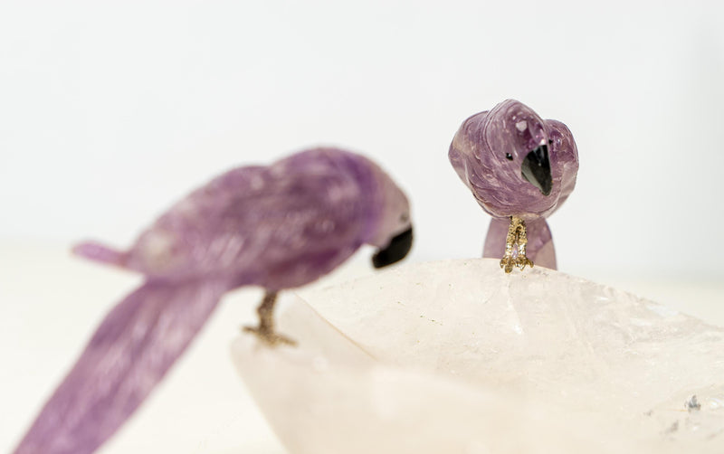 Couple of Amethyst Crystal Parrots on a Clear Quartz Bowl - E2D Crystals & Minerals
