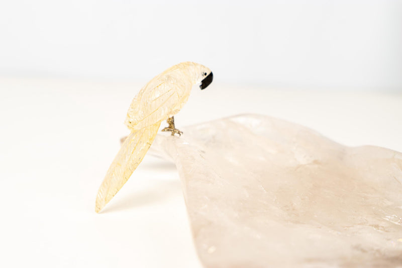 Hand - Carved Crystal Parrot on a Clear Quartz Bowl - E2D Crystals & Minerals