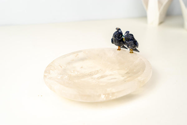 Couple of Sodalite Crystal Owls on a Clear Quartz Bowl - E2D Crystals & Minerals