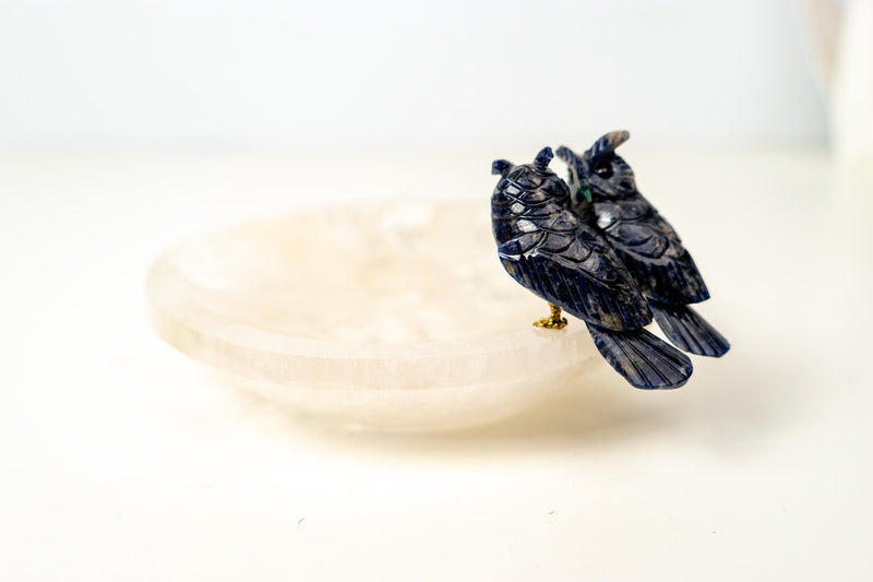 Couple of Sodalite Crystal Owls on a Clear Quartz Bowl - E2D Crystals & Minerals