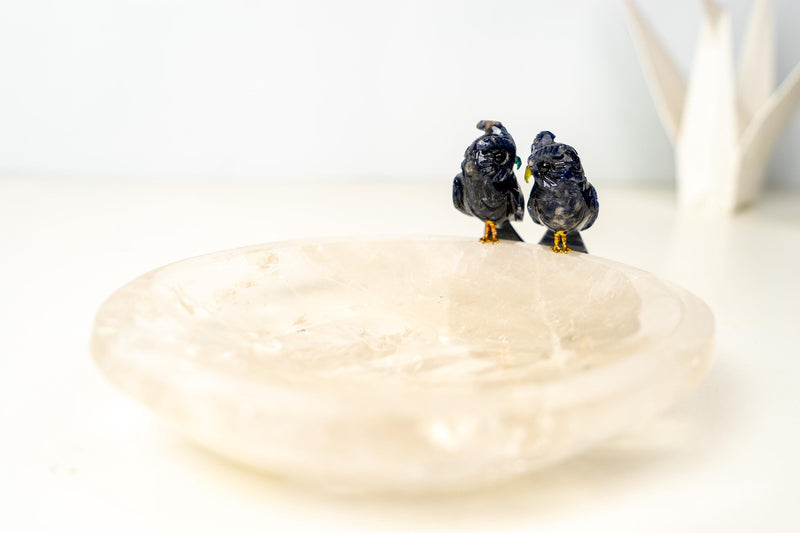 Couple of Sodalite Crystal Owls on a Clear Quartz Bowl - E2D Crystals & Minerals