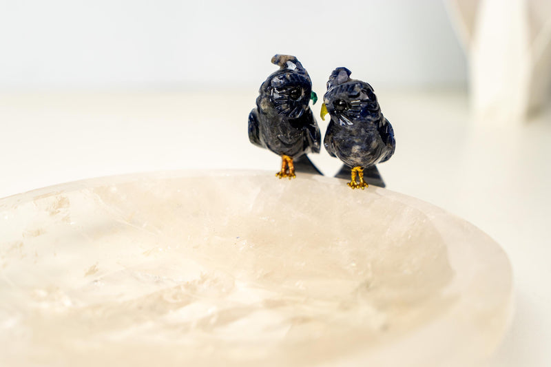 Couple of Sodalite Crystal Owls on a Clear Quartz Bowl - E2D Crystals & Minerals
