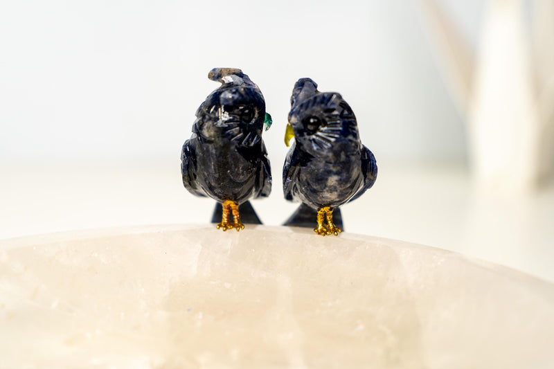 Couple of Sodalite Crystal Owls on a Clear Quartz Bowl - E2D Crystals & Minerals