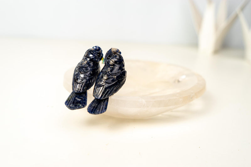 Couple of Sodalite Crystal Owls on a Clear Quartz Bowl - E2D Crystals & Minerals