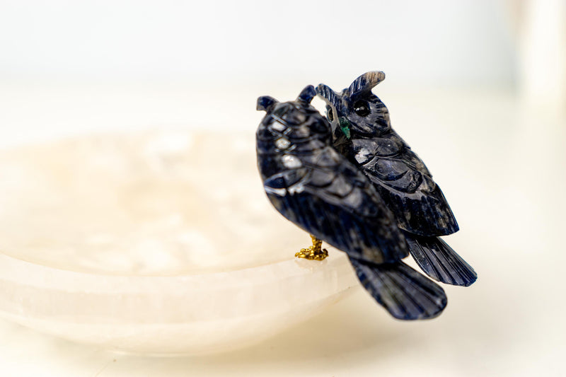 Couple of Sodalite Crystal Owls on a Clear Quartz Bowl - E2D Crystals & Minerals