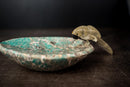 Hand - Carved Crystal Parrot on an Amazonite Quartz Bowl - Key or Jewelry Tray, Brazilian Stone Carving, 7x4" - E2D Crystals & Minerals