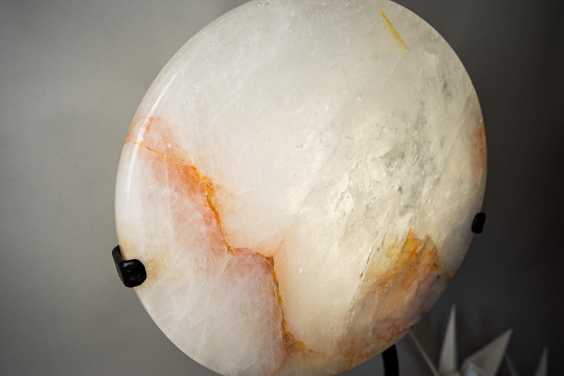 Clear Quartz Crystal Lamp with Hematite Inclusions – “Full Moon” Round Accent Light - E2D Crystals & Minerals