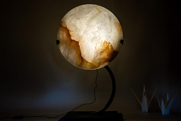 Clear Quartz Crystal Lamp with Hematite Inclusions – “Full Moon” Round Accent Light - E2D Crystals & Minerals
