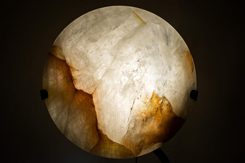 Clear Quartz Crystal Lamp with Hematite Inclusions – “Full Moon” Round Accent Light - E2D Crystals & Minerals
